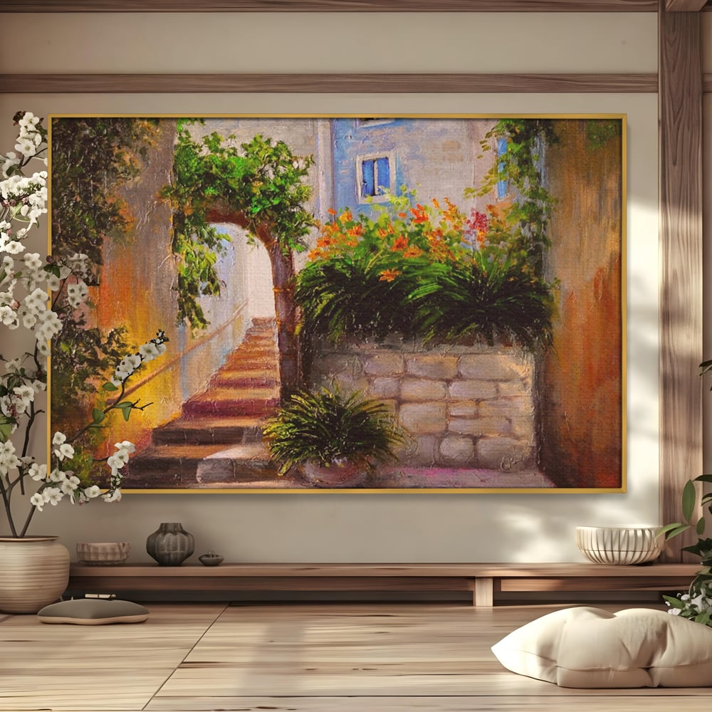 Tablou canvas cu pictura cu scari si flori, in rama de aluminiu auriu
